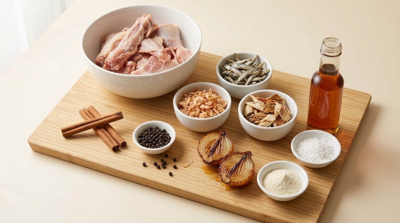 The morning broth ingredients on a bamboo board: chicken, dried fish, shrimp and crab, cinnamon, black peppercorns, roasted onion, fish sauce and the Korean seasoning