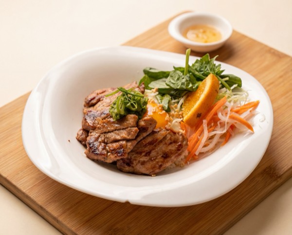Lemongrass BBQ Rice — seared lemongrass-marinated chicken or pork over fragrant jasmine rice with salad and lemongrass paste