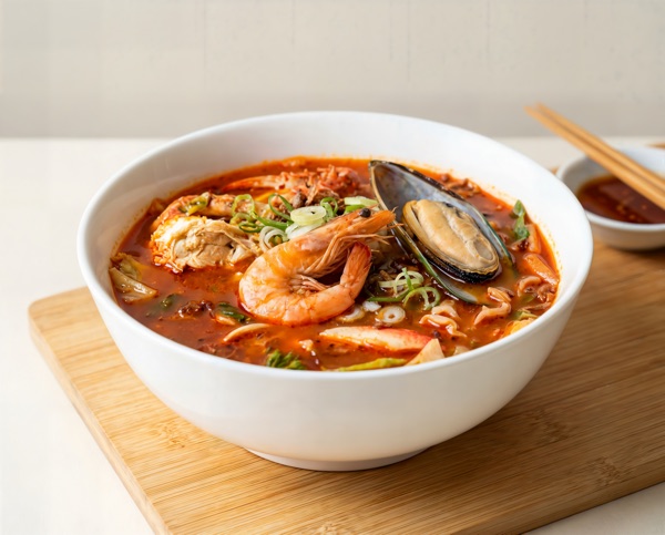 Jjambbong Pho — Korean-style wok-fired chili chicken broth with prawns, mussels, crab, and squid over rice noodles