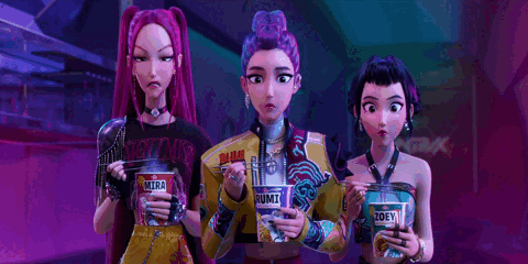 KPop Demon Hunters characters eating spicy noodles — Netflix