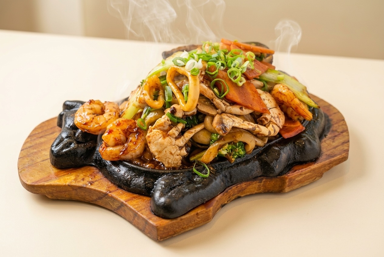 Sizzling Black Bean Plate steaming on its cast iron platter, seconds off the flame at Pho Heaven Westgate