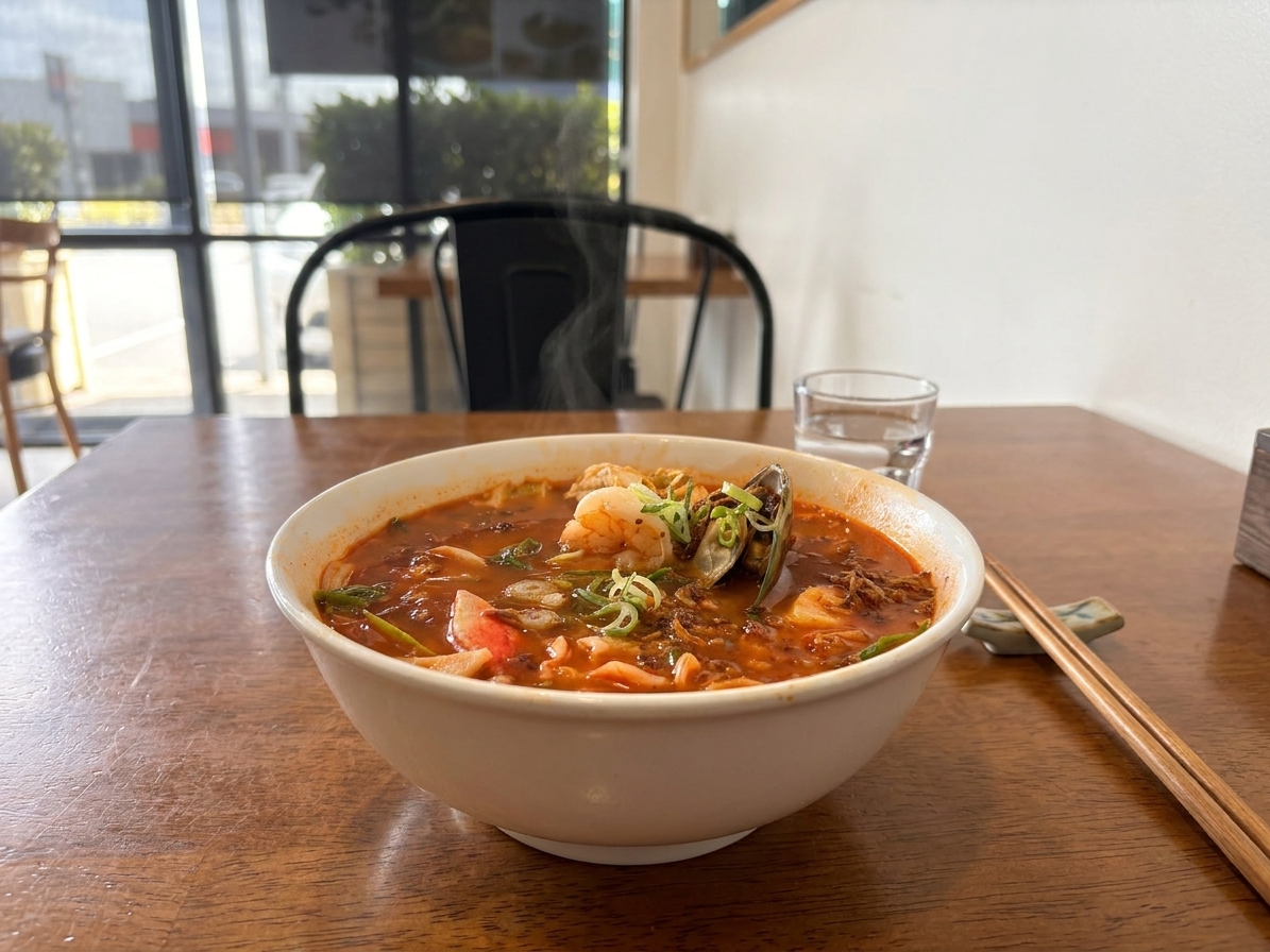Jjambbong Pho. Korean seafood chili broth on a Vietnamese pho ga base. Pho Heaven Westgate Auckland.